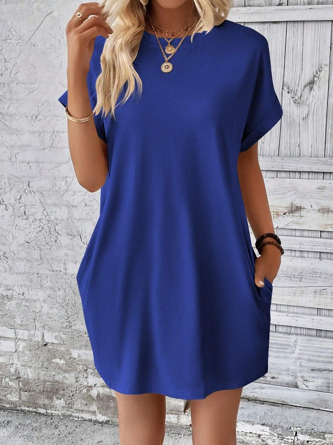 Rolled Cuff Pocket Mini T Shirt Dress - Blue
