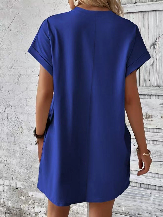 Rolled Cuff Pocket Mini T Shirt Dress - Blue - 1