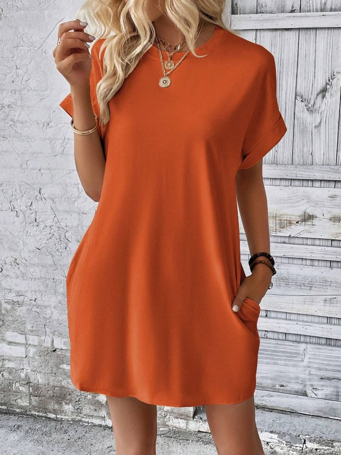 Rolled Cuff Pocket Mini T Shirt Dress - Orange