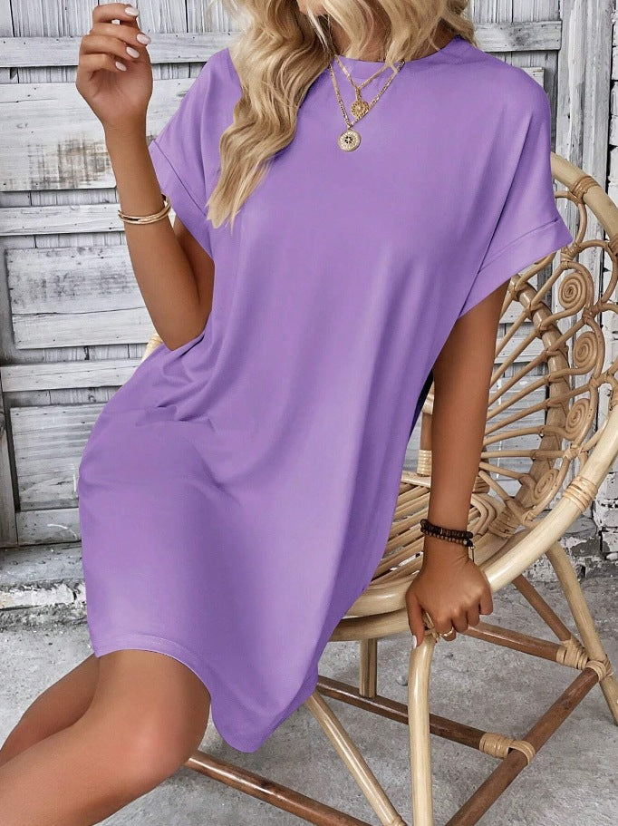 Rolled Cuff Pocket Mini T Shirt Dress - Purple