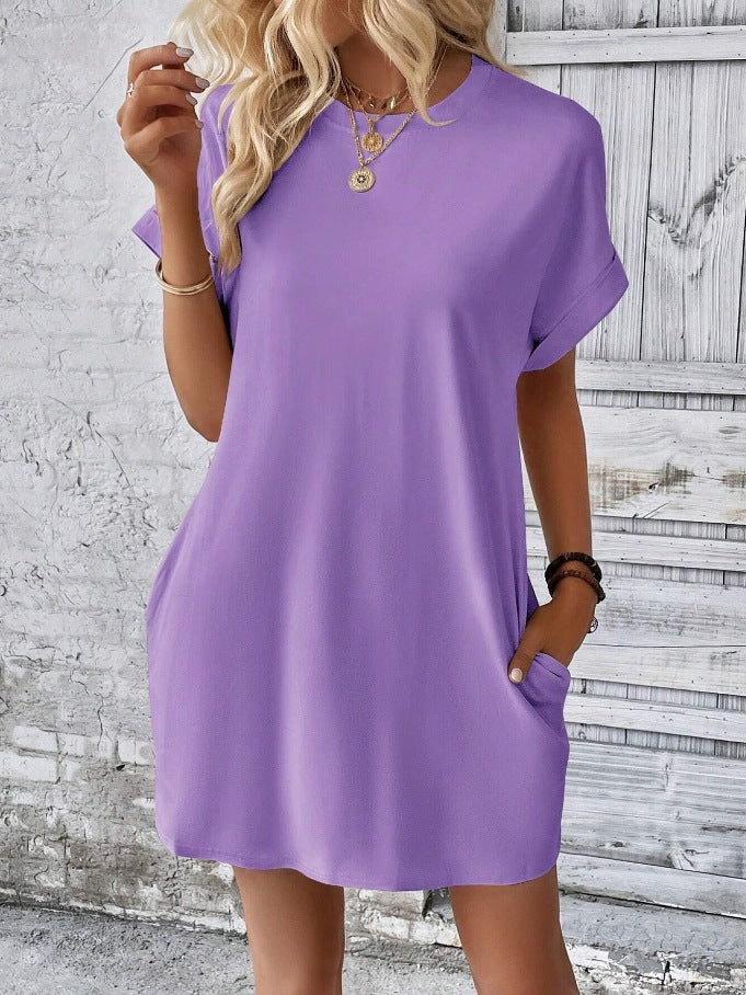 Rolled Cuff Pocket Mini T Shirt Dress - Purple - 1