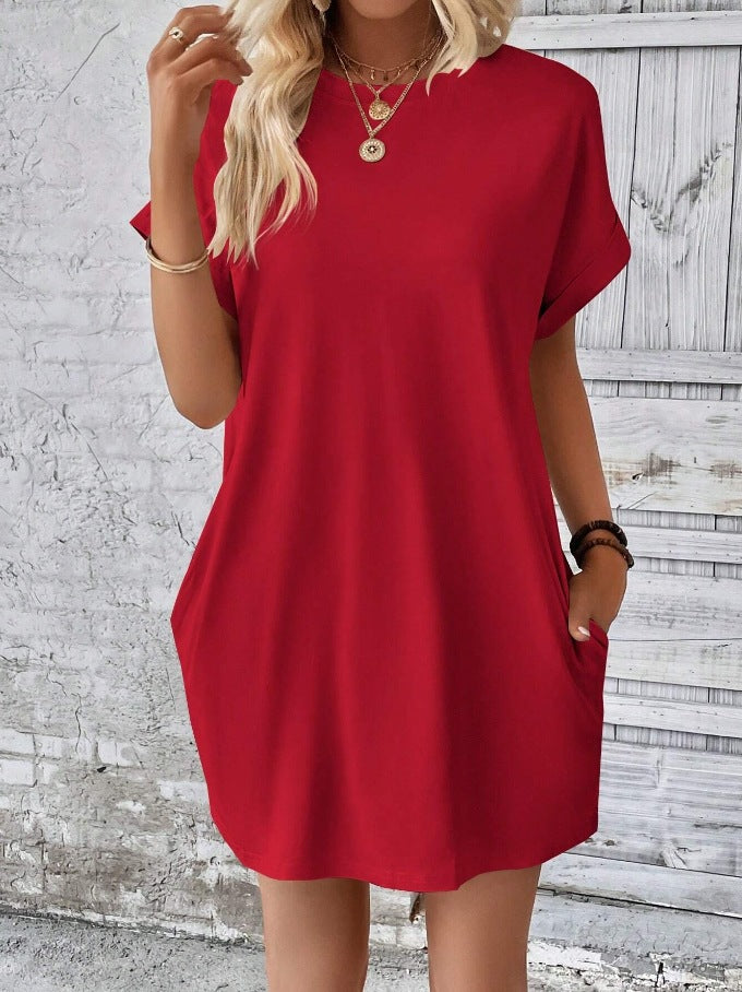 Rolled Cuff Pocket Mini T Shirt Dress - Red