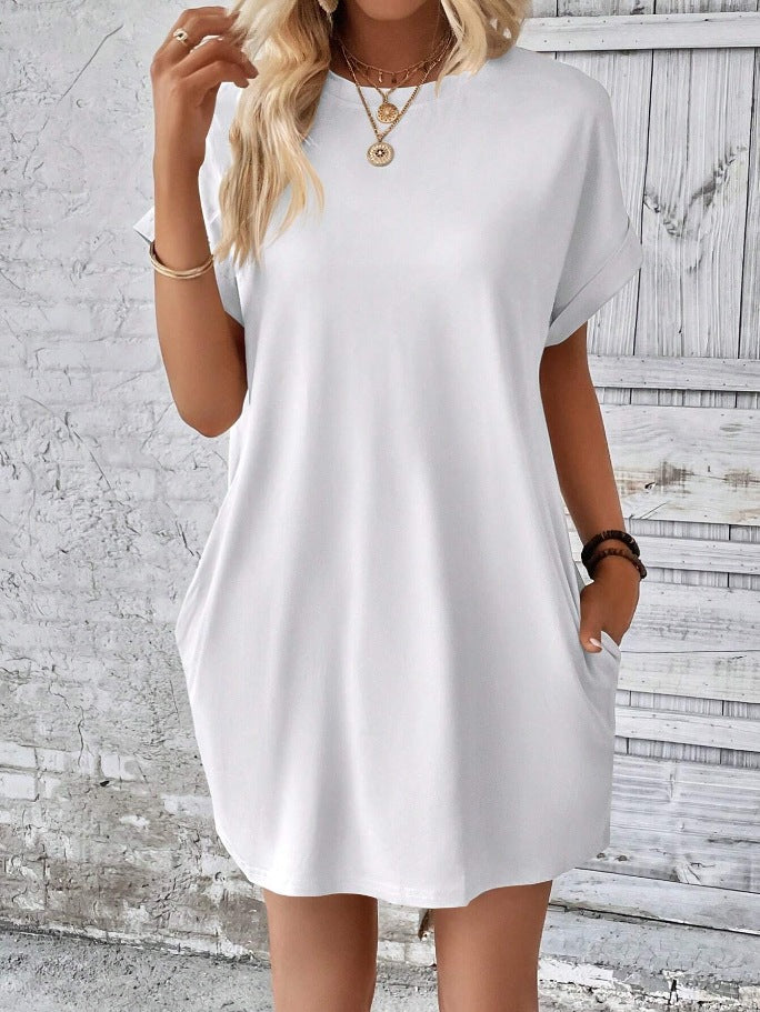Rolled Cuff Pocket Mini T Shirt Dress - White