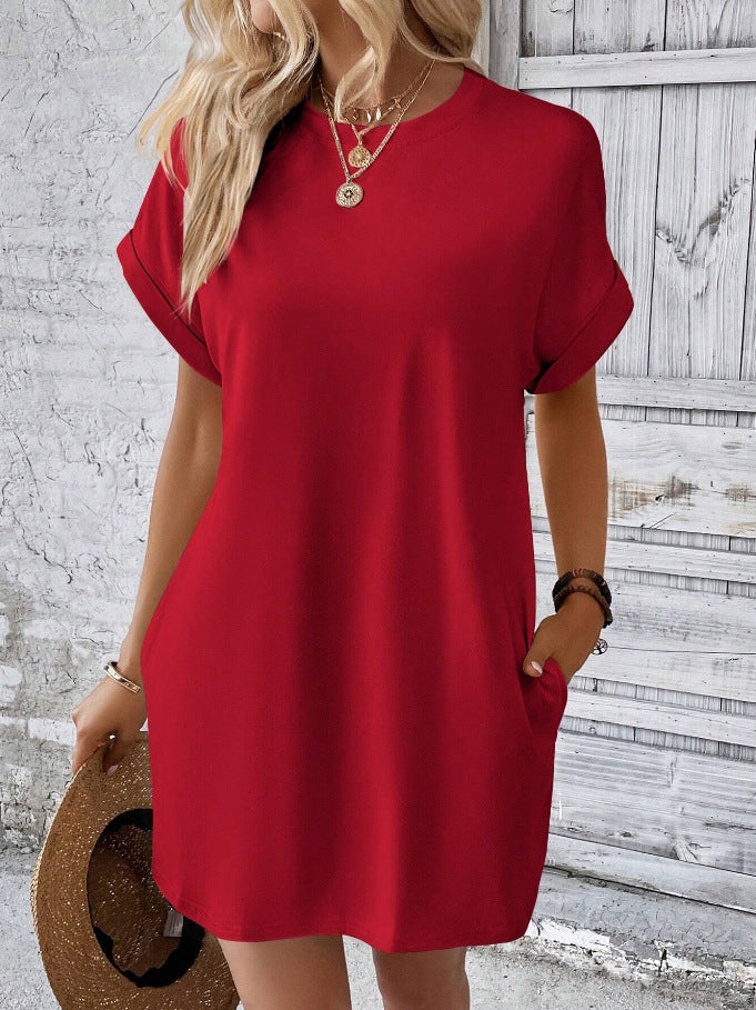 Rolled Cuff Pocket Mini T Shirt Dress