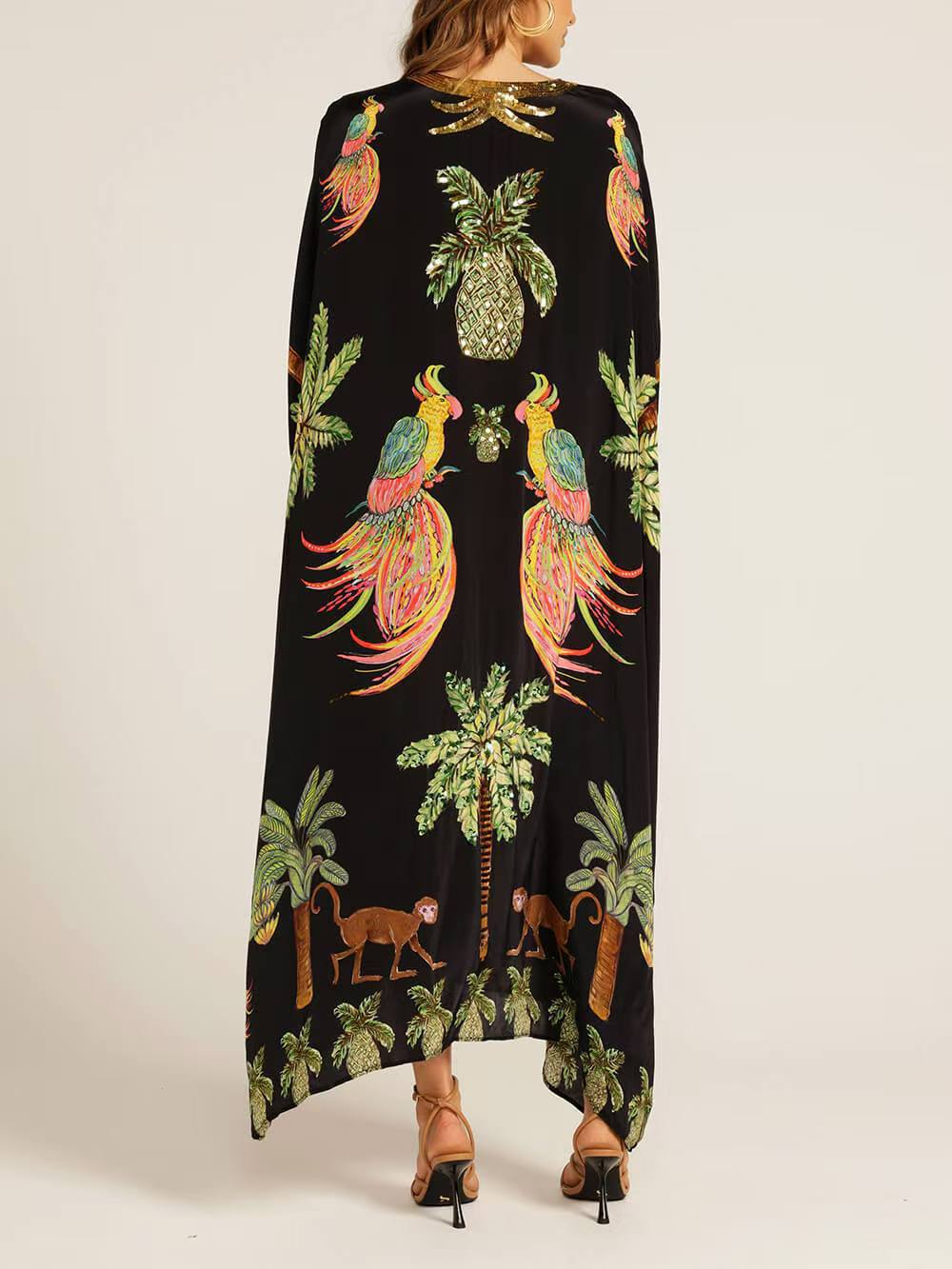 Tropical Palm Print Kaftan Maxi Dress - Black - 1