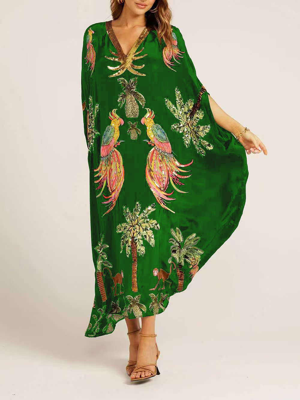 Tropical Palm Print Kaftan Maxi Dress - Green
