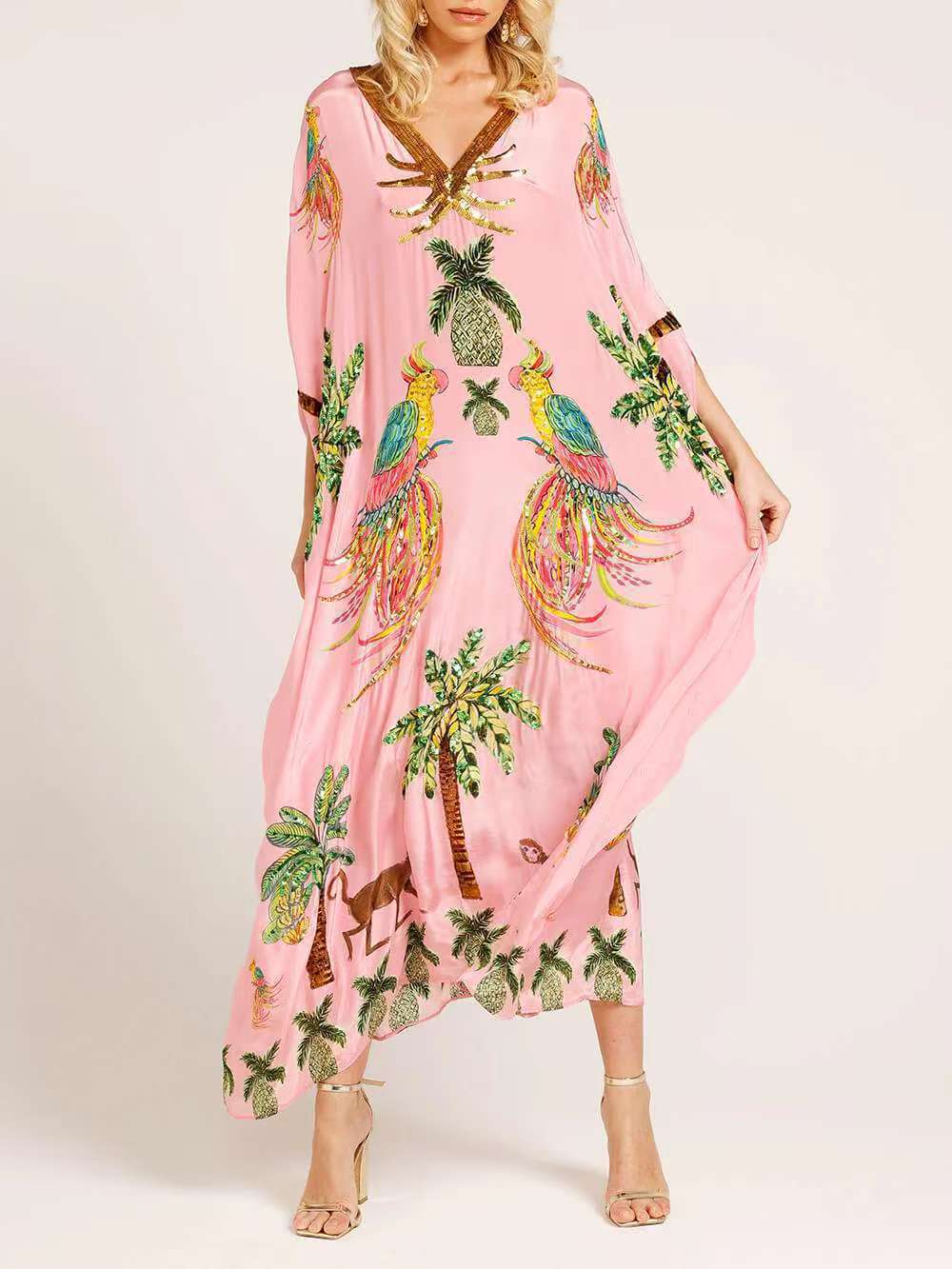 Tropical Palm Print Kaftan Maxi Dress - Pink