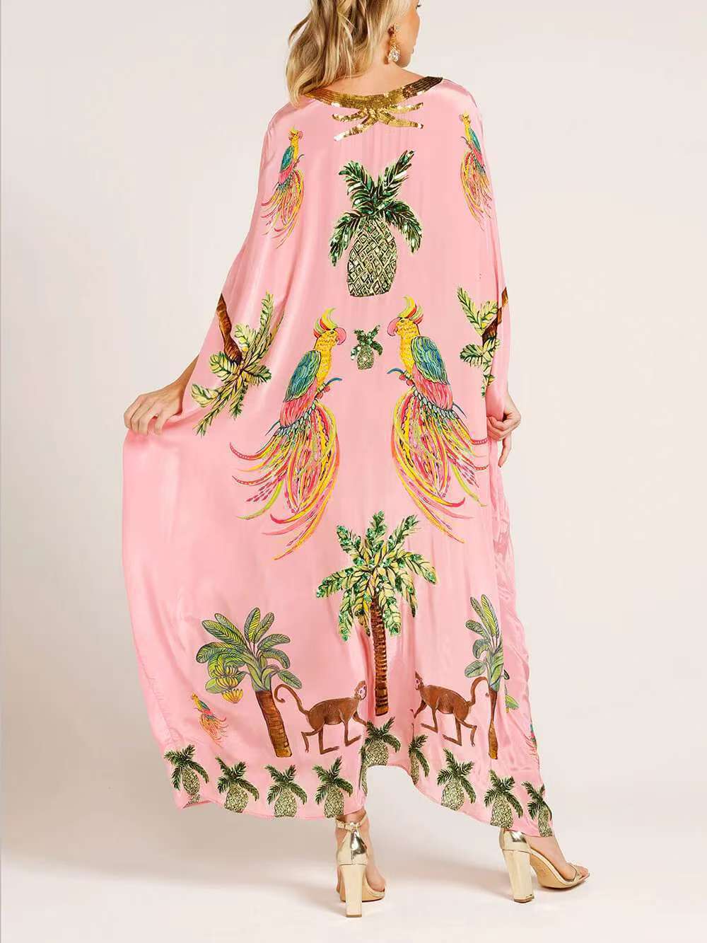 Tropical Palm Print Kaftan Maxi Dress - Pink - 1