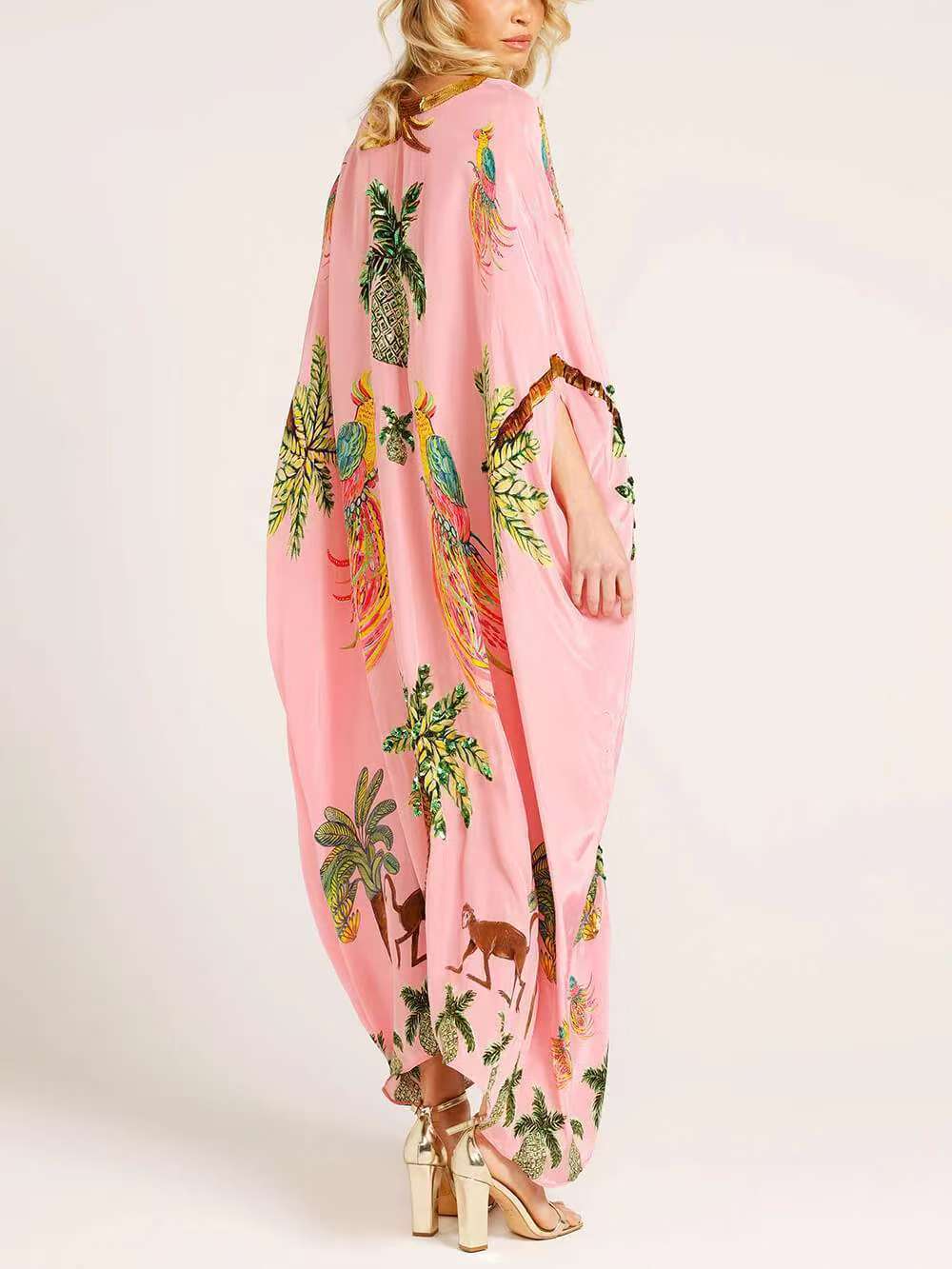 Tropical Palm Print Kaftan Maxi Dress - Pink - 2