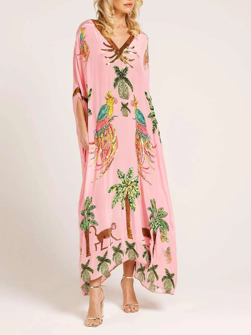 Tropical Palm Print Kaftan Maxi Dress - Pink - 3