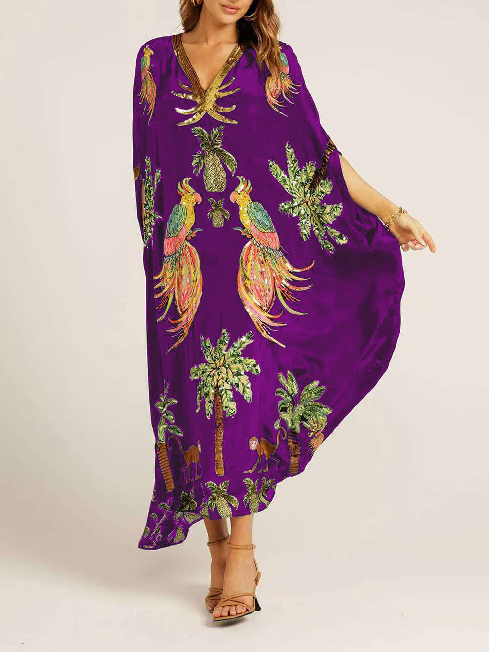 Tropical Palm Print Kaftan Maxi Dress - Purple