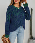 Zigzag Textured Contrast Trim Knit Sweater - Blue