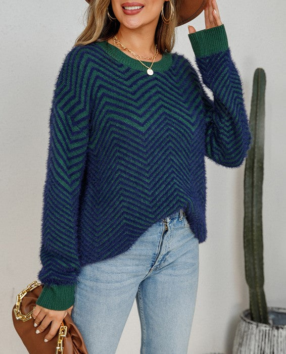 Zigzag Textured Contrast Trim Knit Sweater - Blue