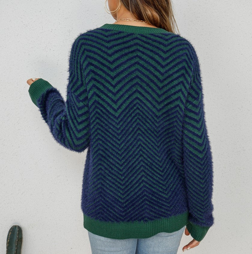 Zigzag Textured Contrast Trim Knit Sweater - Blue - 3