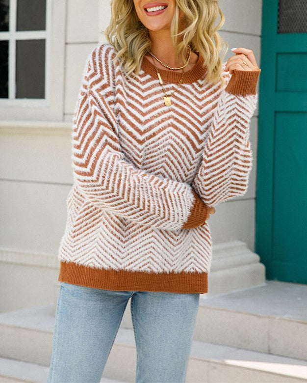 Zigzag Textured Contrast Trim Knit Sweater - Brown - 1