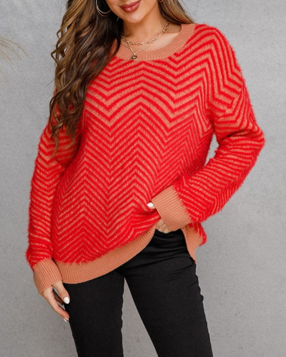 Zigzag Textured Contrast Trim Knit Sweater - Red