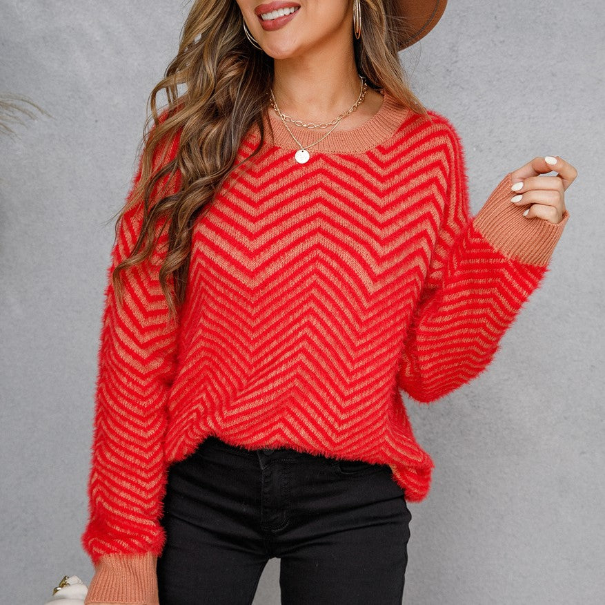 Zigzag Textured Contrast Trim Knit Sweater - Red - 1
