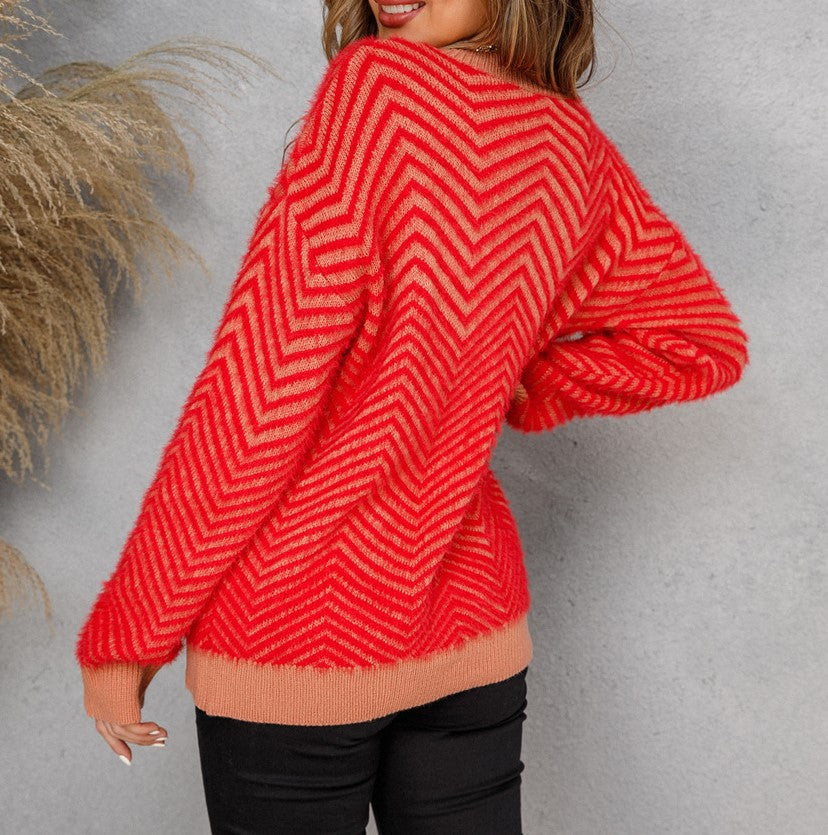 Zigzag Textured Contrast Trim Knit Sweater - Red - 2