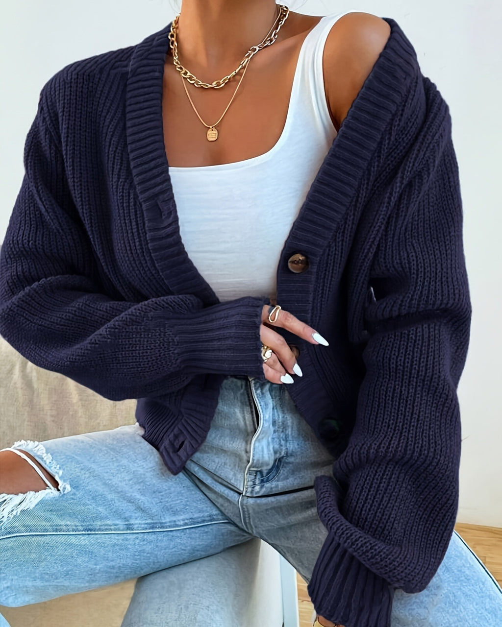 Ribbed V Neck Button Cropped Cardigan - Dark-Blue - 1