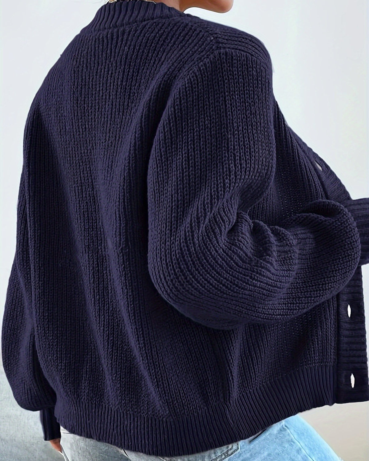 Ribbed V Neck Button Cropped Cardigan - Dark-Blue - 2