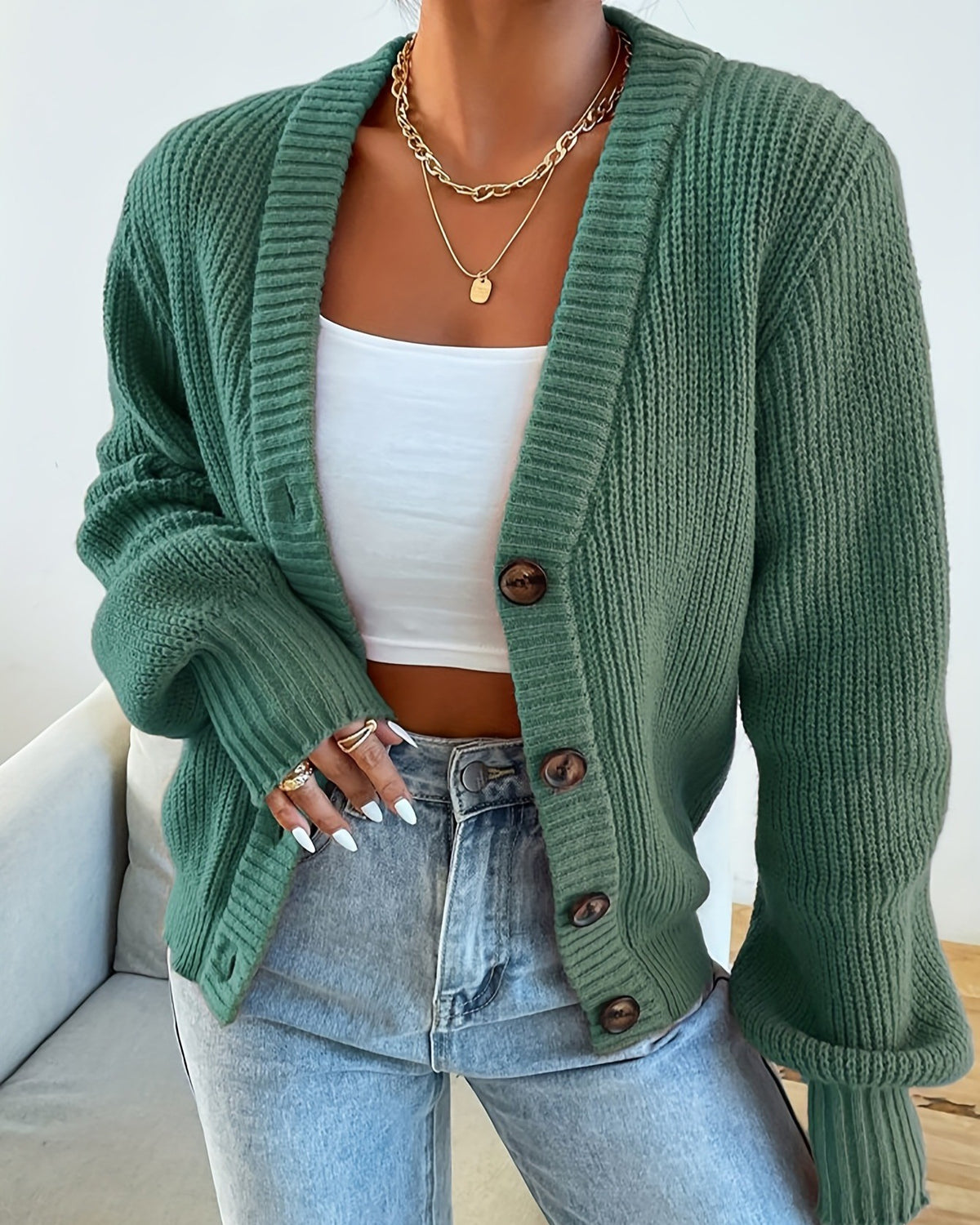Ribbed V Neck Button Cropped Cardigan - Dark-Green