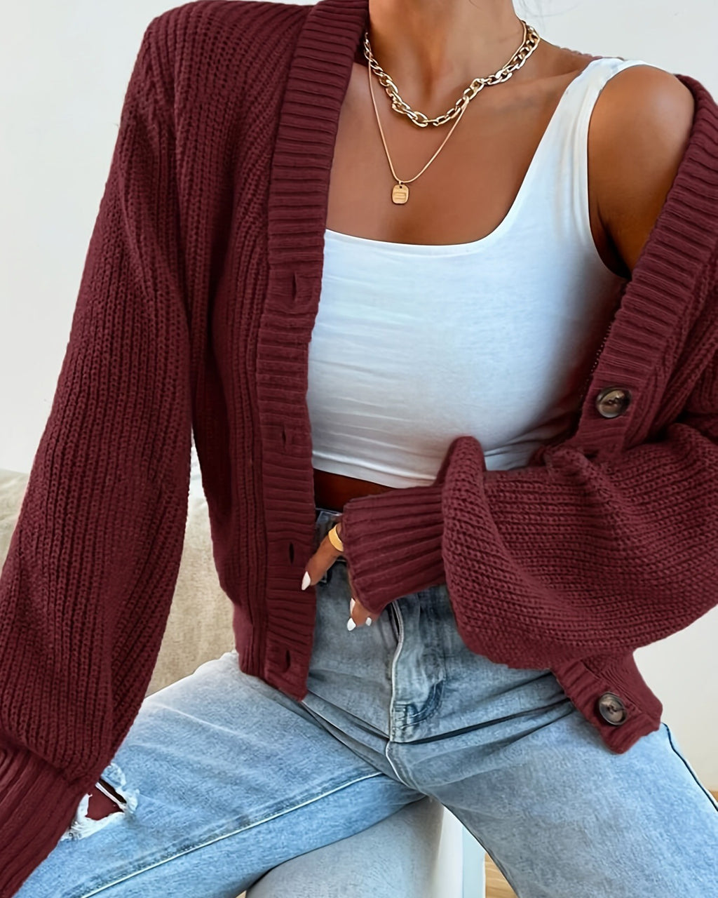 Ribbed V Neck Button Cropped Cardigan - Deep-Red