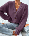 Ribbed V Neck Button Cropped Cardigan - Purple