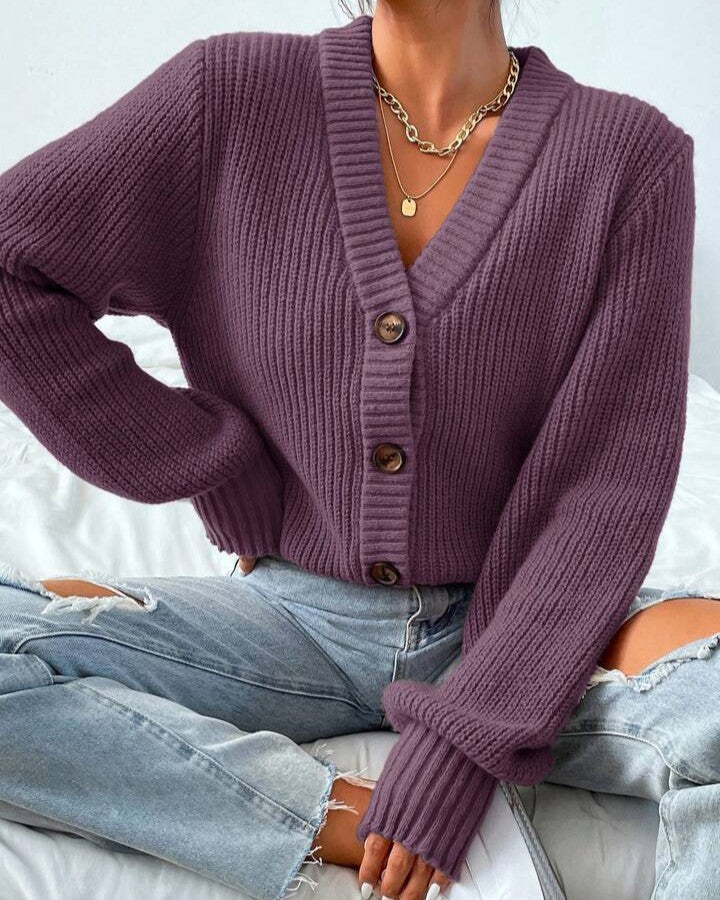 Ribbed V Neck Button Cropped Cardigan - Purple