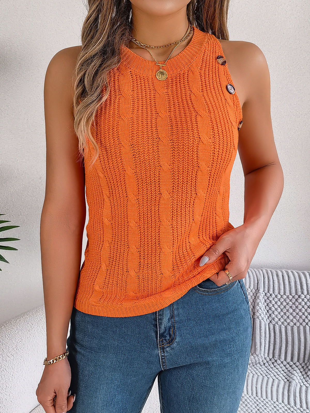 Cable Knit Button Shoulder Sleeveless Top - Orange - 1