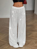 Sequin Wide Leg Party Trousers - Silvery
