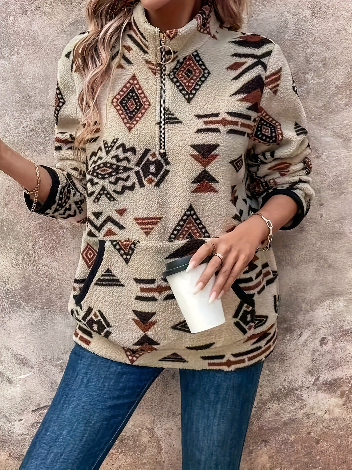 Southwestern Print Half Zip Fleece Sweatshirt - Apricot