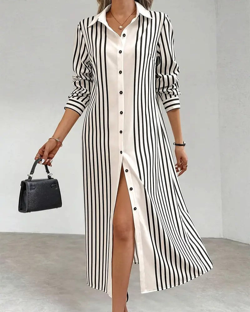 Vertical Stripe Button Front Maxi Shirt Dress - Stripe