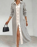 Vertical Stripe Button Front Maxi Shirt Dress - Stripe