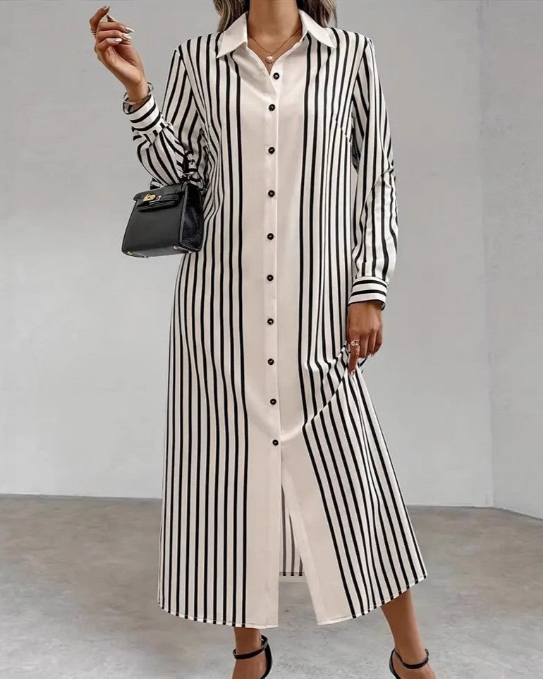 Vertical Stripe Button Front Maxi Shirt Dress - Stripe - 1
