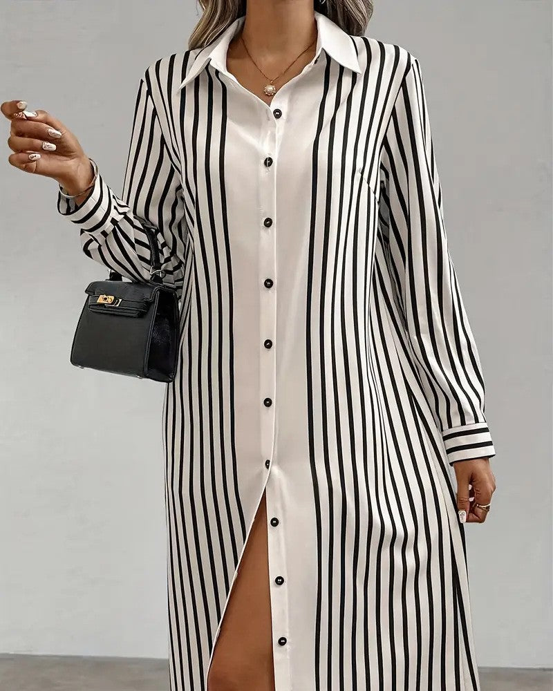 Vertical Stripe Button Front Maxi Shirt Dress - Stripe - 2