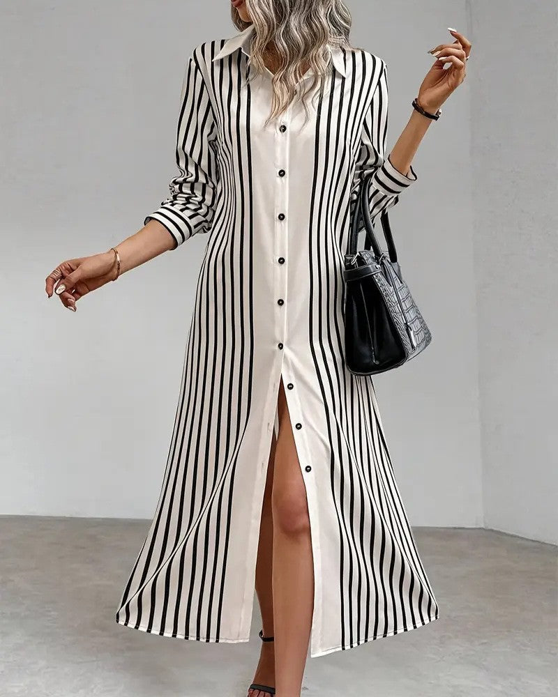 Vertical Stripe Button Front Maxi Shirt Dress - Stripe - 3