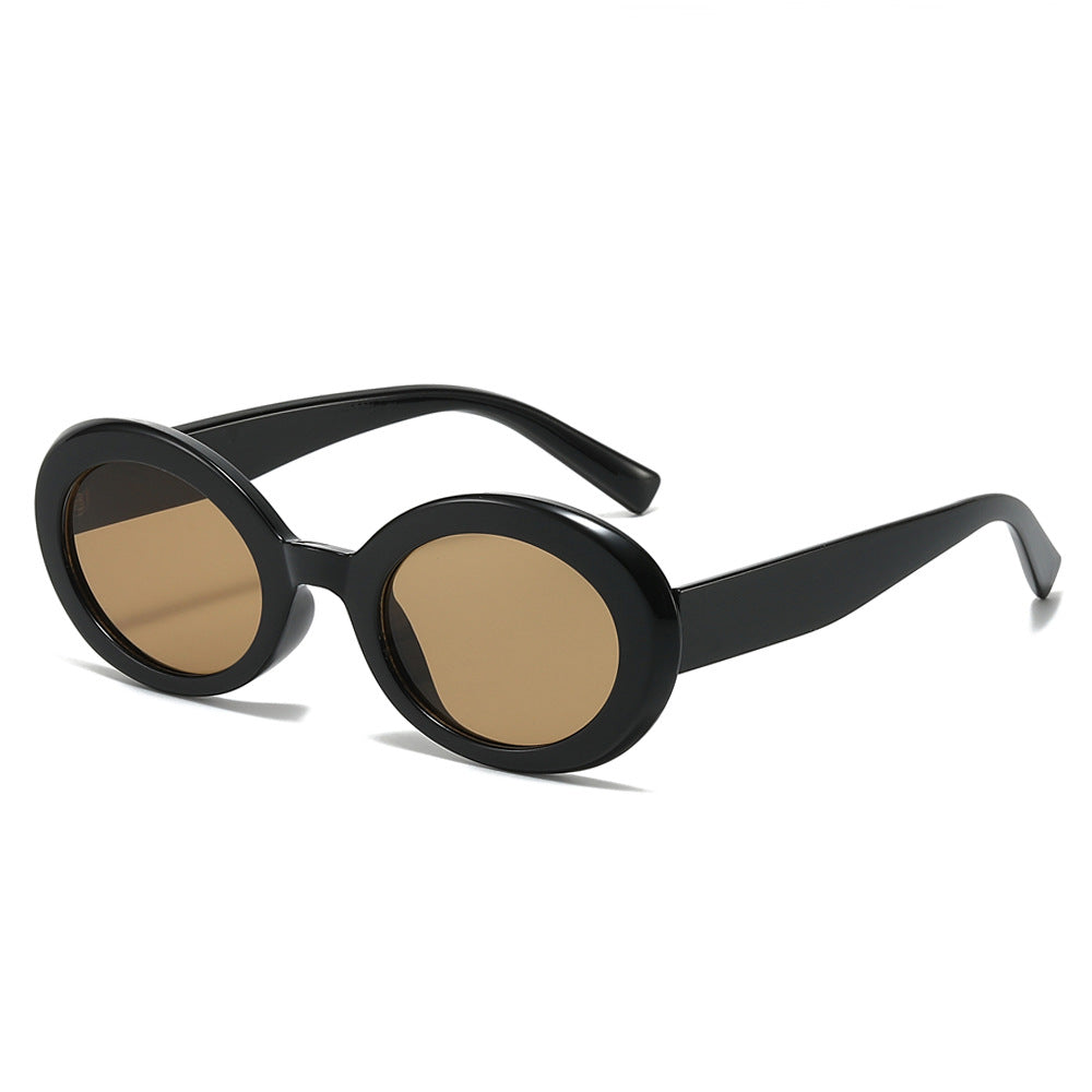 Retro Oval Narrow Frame Sunglasses - Black_T