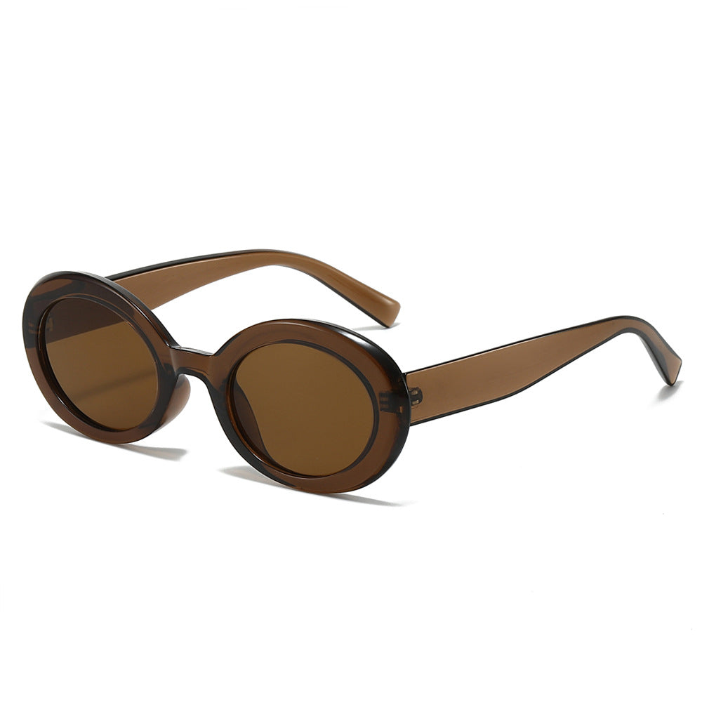 Retro Oval Narrow Frame Sunglasses - Coffee