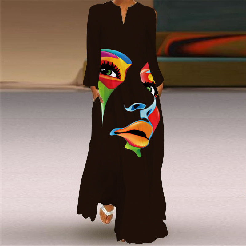 Printed V Neck Long Sleeve Maxi Dress - Color_01