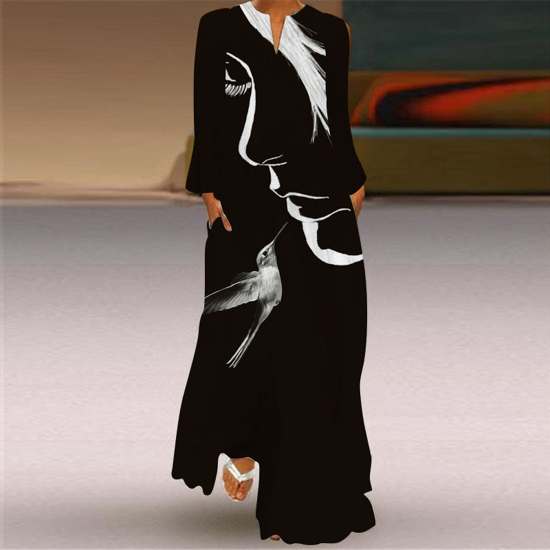 Printed V Neck Long Sleeve Maxi Dress - Color_02