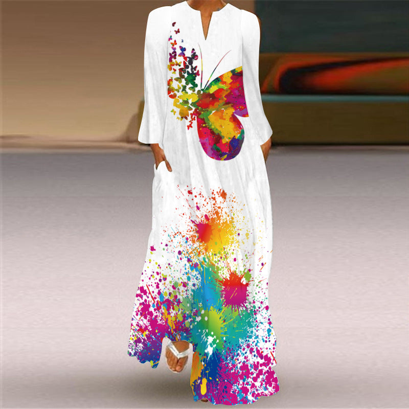 Printed V Neck Long Sleeve Maxi Dress - Color_03