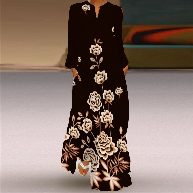 Printed V Neck Long Sleeve Maxi Dress - Color_04