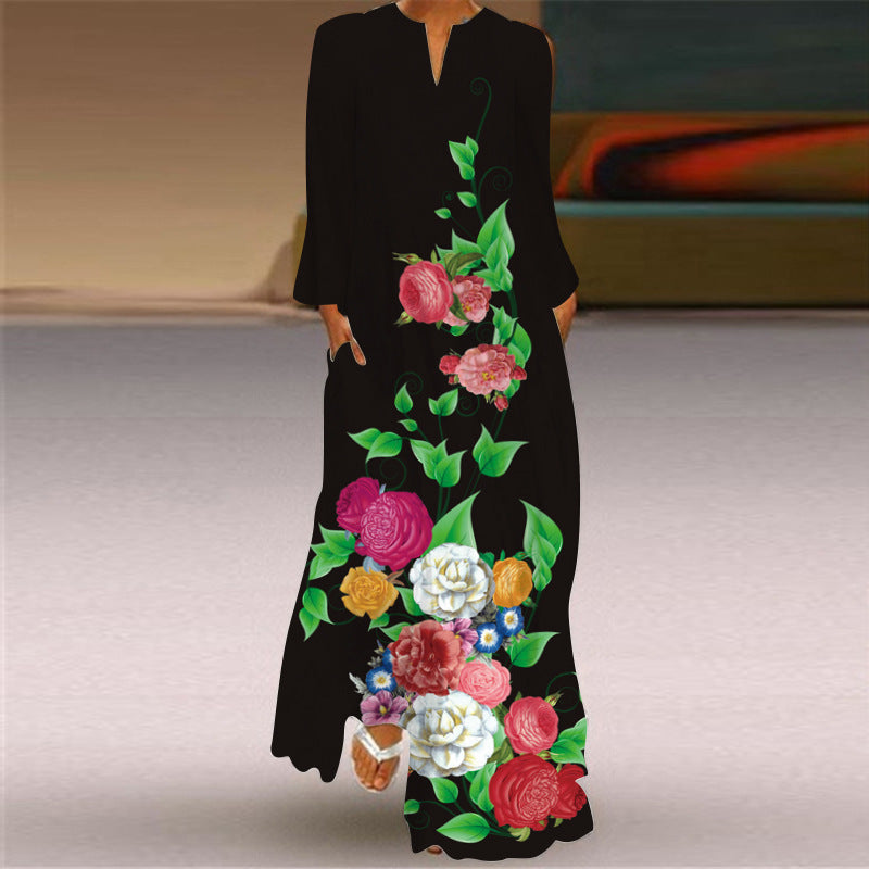 Printed V Neck Long Sleeve Maxi Dress - Color_05
