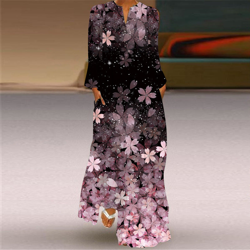 Printed V Neck Long Sleeve Maxi Dress - Color_07