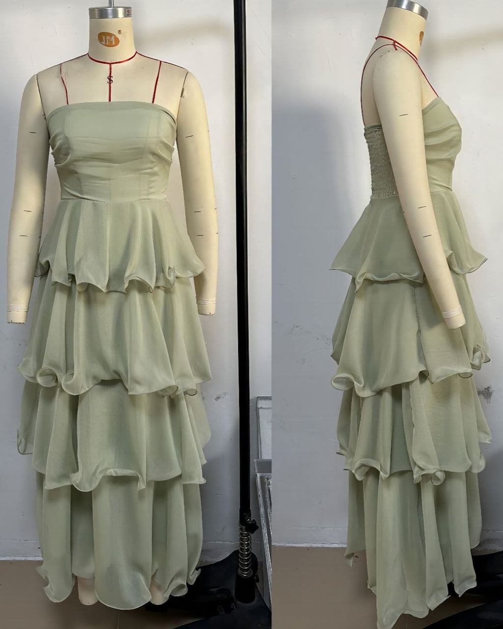 Strapless Shirred Tiered Ruffle Maxi Dress - Green