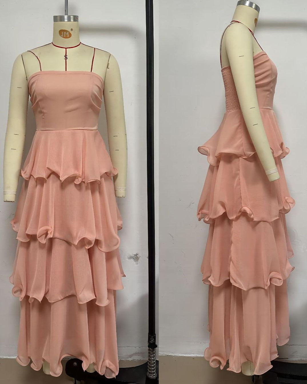 Strapless Shirred Tiered Ruffle Maxi Dress - Pink