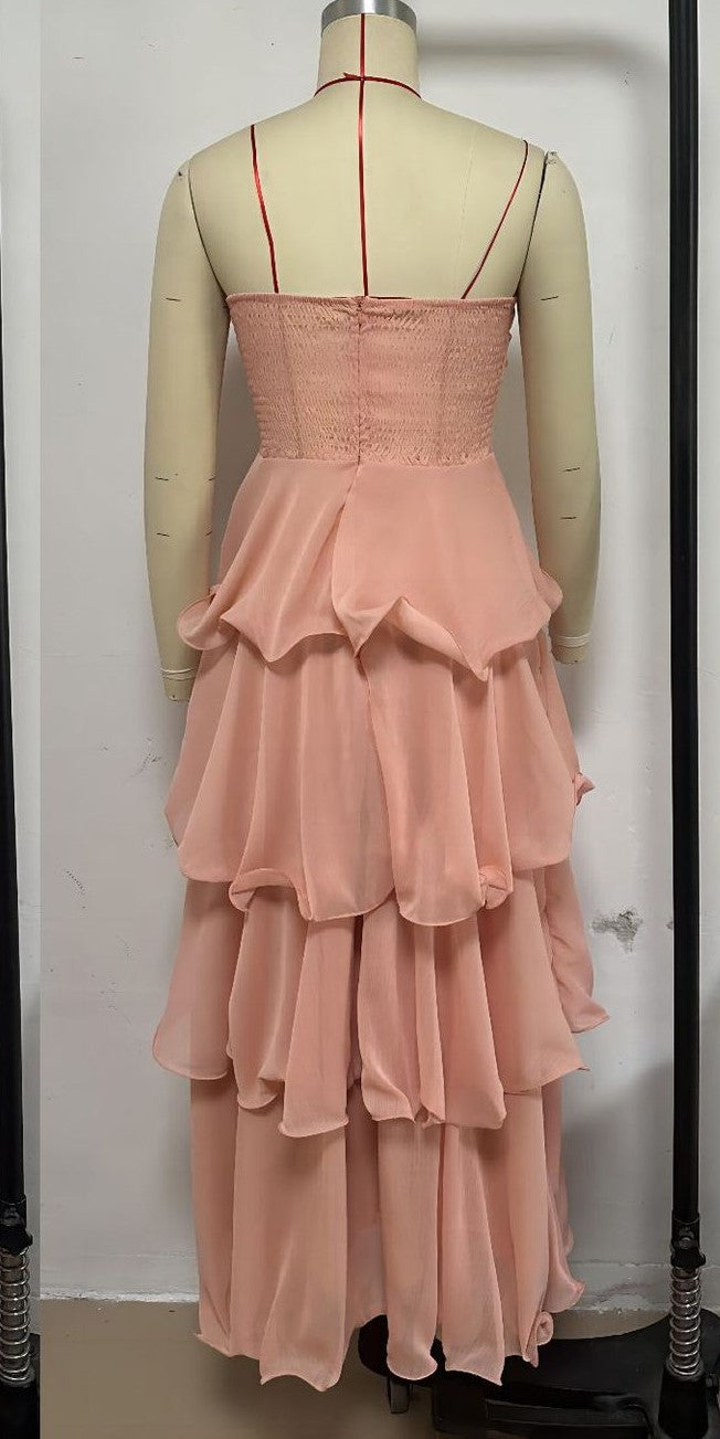 Strapless Shirred Tiered Ruffle Maxi Dress - Pink - 1