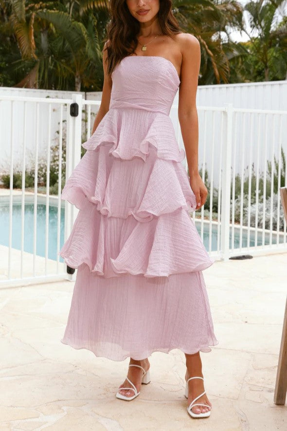 Strapless Shirred Tiered Ruffle Maxi Dress - Purple