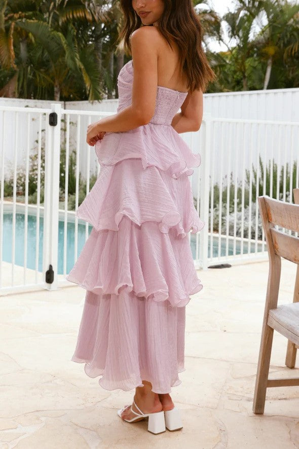 Strapless Shirred Tiered Ruffle Maxi Dress - Purple - 2