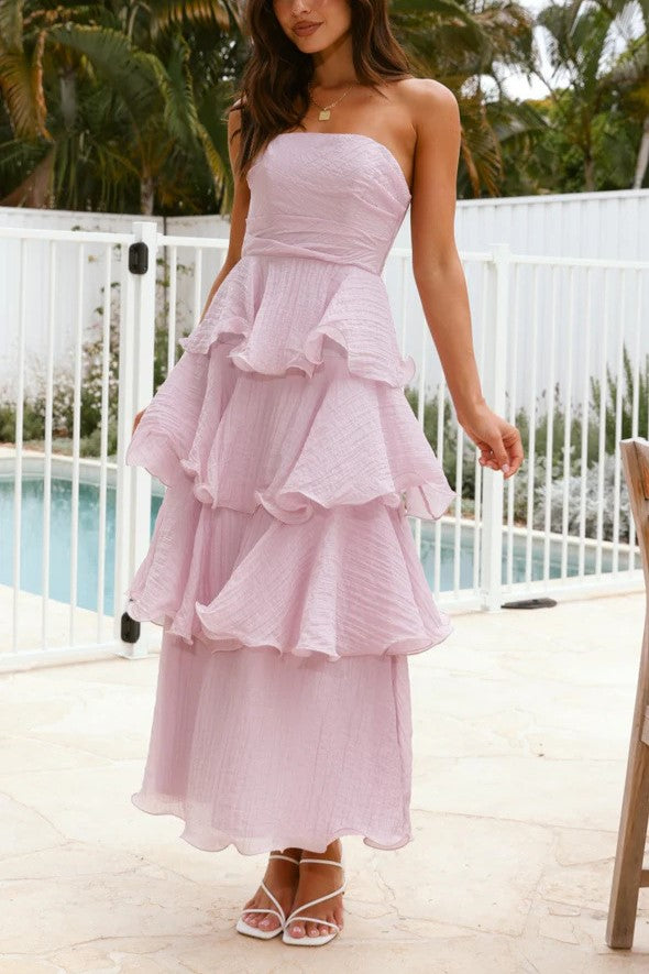 Strapless Shirred Tiered Ruffle Maxi Dress - Purple - 4